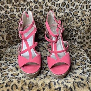 Coral pink open toe wedges